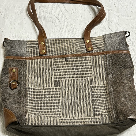 Myra Bag Upcycled Gray and Brown Large Purse/Handbag - Picture 3 of 14